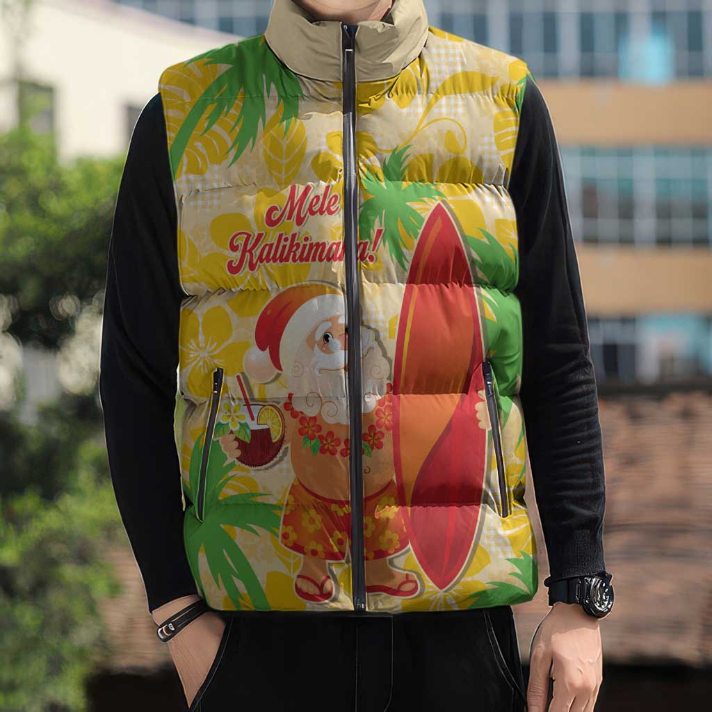 Aloha Hawaii Christmas Sleeveless Puffer Jacket Mele Kalikimaka Funny Santa Palaka Quilt Motifs - Polynesian Pride