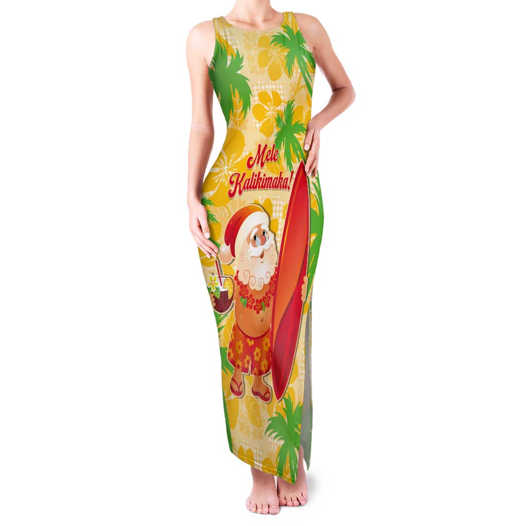 Aloha Hawaii Christmas Tank Maxi Dress Mele Kalikimaka Funny Santa Palaka Quilt Motifs LT14 Women Yellow - Polynesian Pride