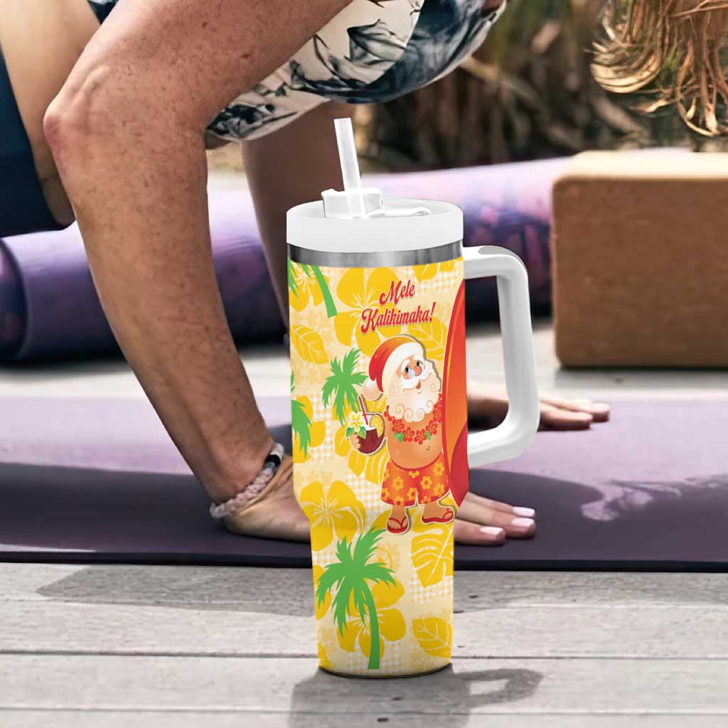 Aloha Hawaii Christmas Tumbler With Handle Mele Kalikimaka Funny Santa Palaka Quilt Motifs - Polynesian Pride
