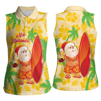 Aloha Hawaii Christmas Women Sleeveless Polo Shirt Mele Kalikimaka Funny Santa Palaka Quilt Motifs LT14 - Polynesian Pride