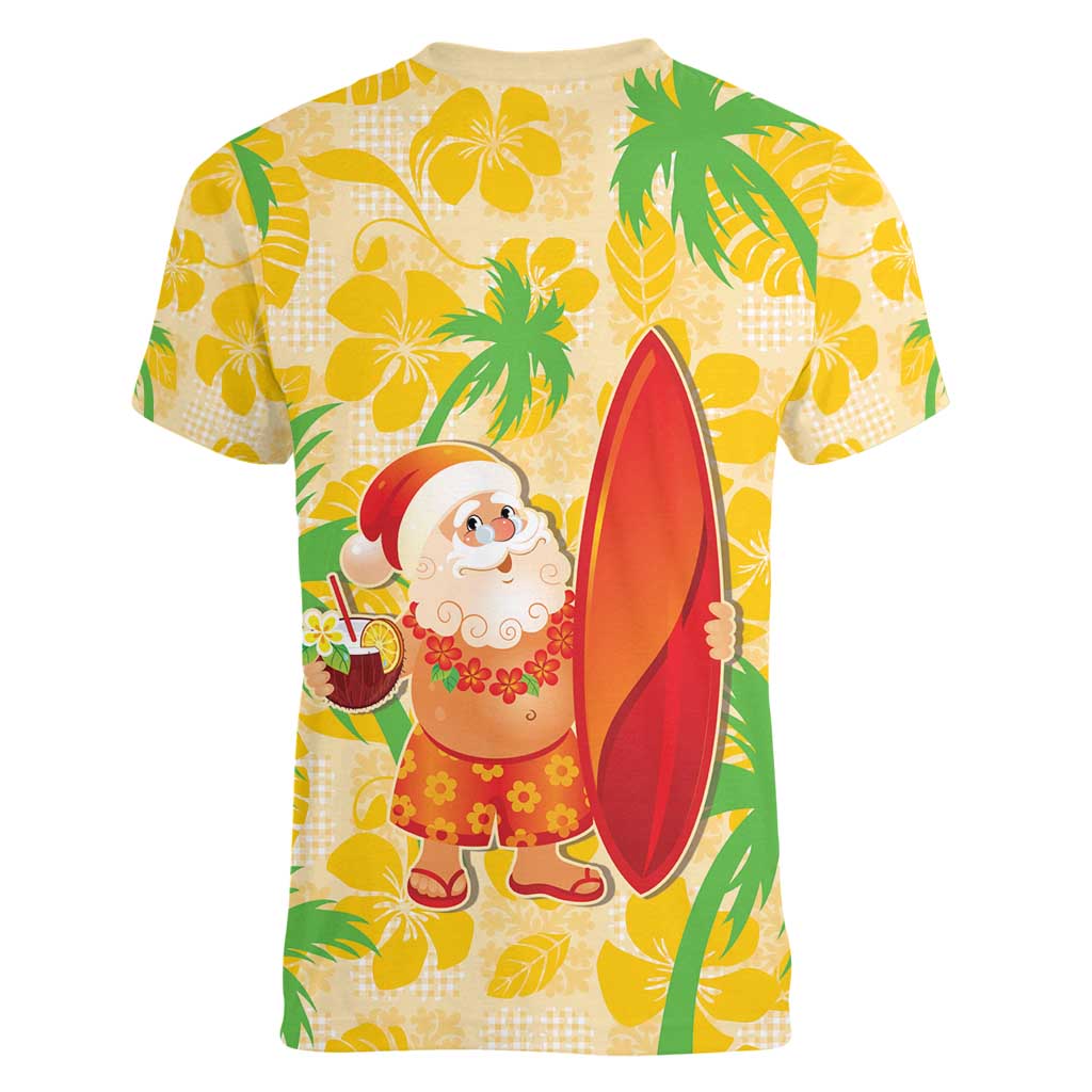 Aloha Hawaii Christmas Women V-Neck T-Shirt Mele Kalikimaka Funny Santa Palaka Quilt Motifs LT14 - Polynesian Pride