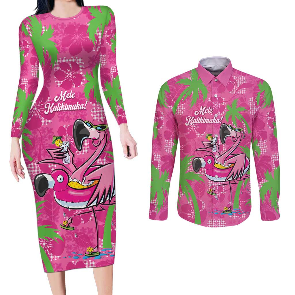 Aloha Hawaii Christmas Couples Matching Long Sleeve Bodycon Dress and Long Sleeve Button Shirt Mele Kalikimaka Chill Flamingo Palaka Quilt Motifs LT14 Pink - Polynesian Pride