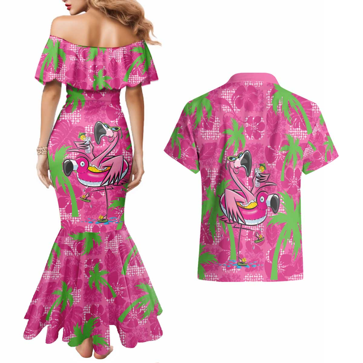 Aloha Hawaii Christmas Couples Matching Mermaid Dress and Hawaiian Shirt Mele Kalikimaka Chill Flamingo Palaka Quilt Motifs LT14 - Polynesian Pride