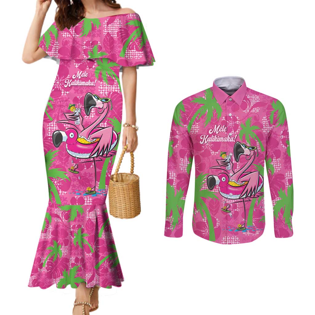 Aloha Hawaii Christmas Couples Matching Mermaid Dress and Long Sleeve Button Shirt Mele Kalikimaka Chill Flamingo Palaka Quilt Motifs LT14 Pink - Polynesian Pride