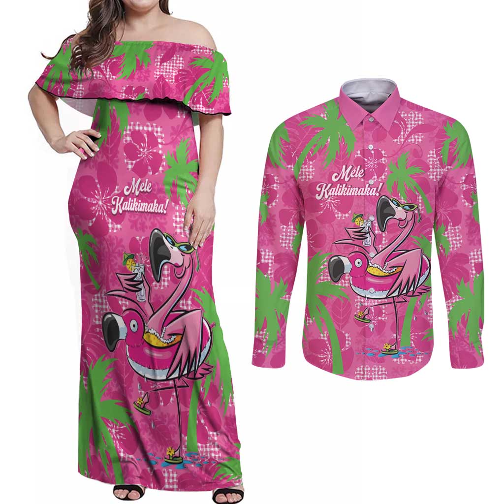 Aloha Hawaii Christmas Couples Matching Off Shoulder Maxi Dress and Long Sleeve Button Shirt Mele Kalikimaka Chill Flamingo Palaka Quilt Motifs LT14 Pink - Polynesian Pride