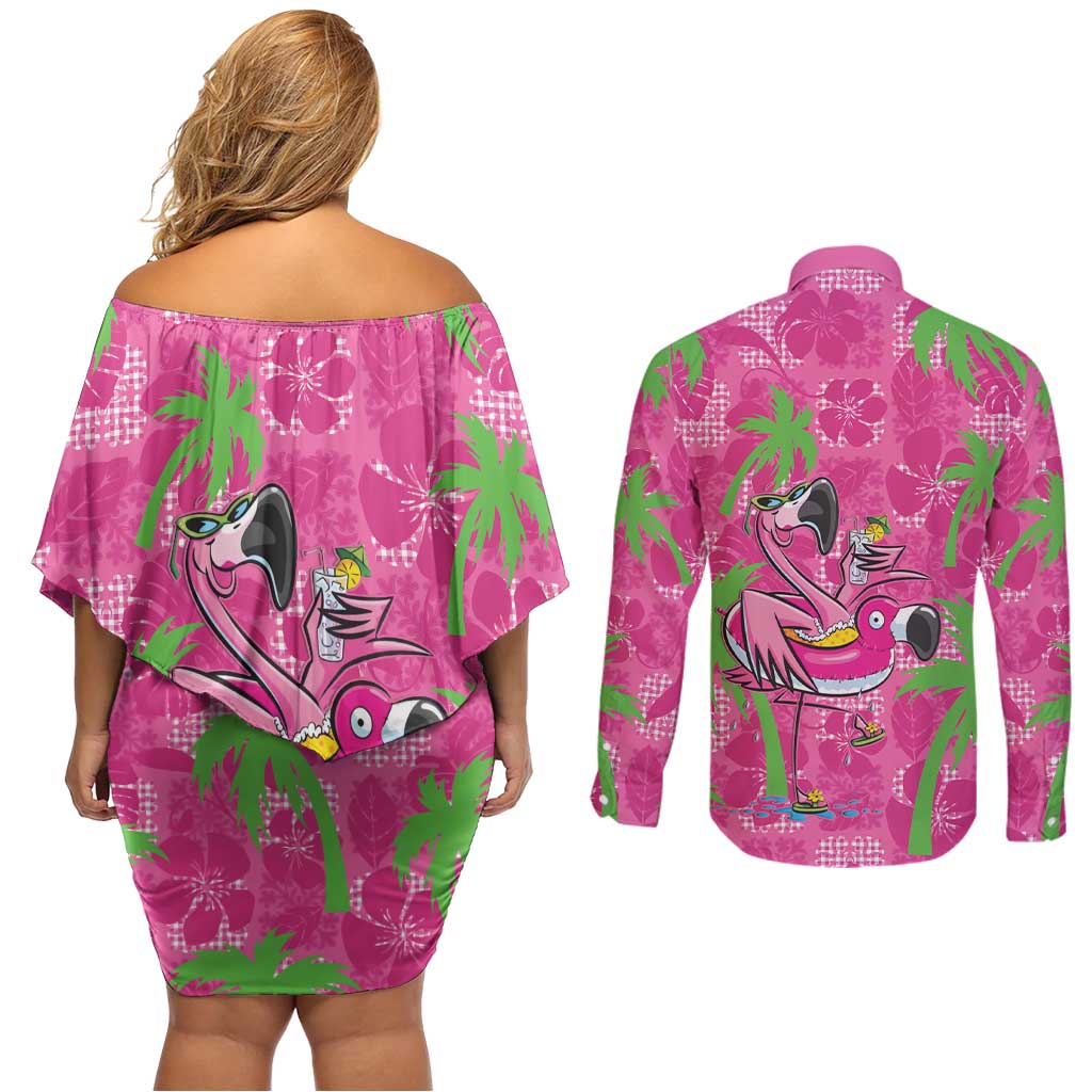 Aloha Hawaii Christmas Couples Matching Off Shoulder Short Dress and Long Sleeve Button Shirt Mele Kalikimaka Chill Flamingo Palaka Quilt Motifs LT14 - Polynesian Pride