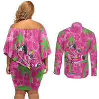 Aloha Hawaii Christmas Couples Matching Off Shoulder Short Dress and Long Sleeve Button Shirt Mele Kalikimaka Chill Flamingo Palaka Quilt Motifs LT14 - Polynesian Pride
