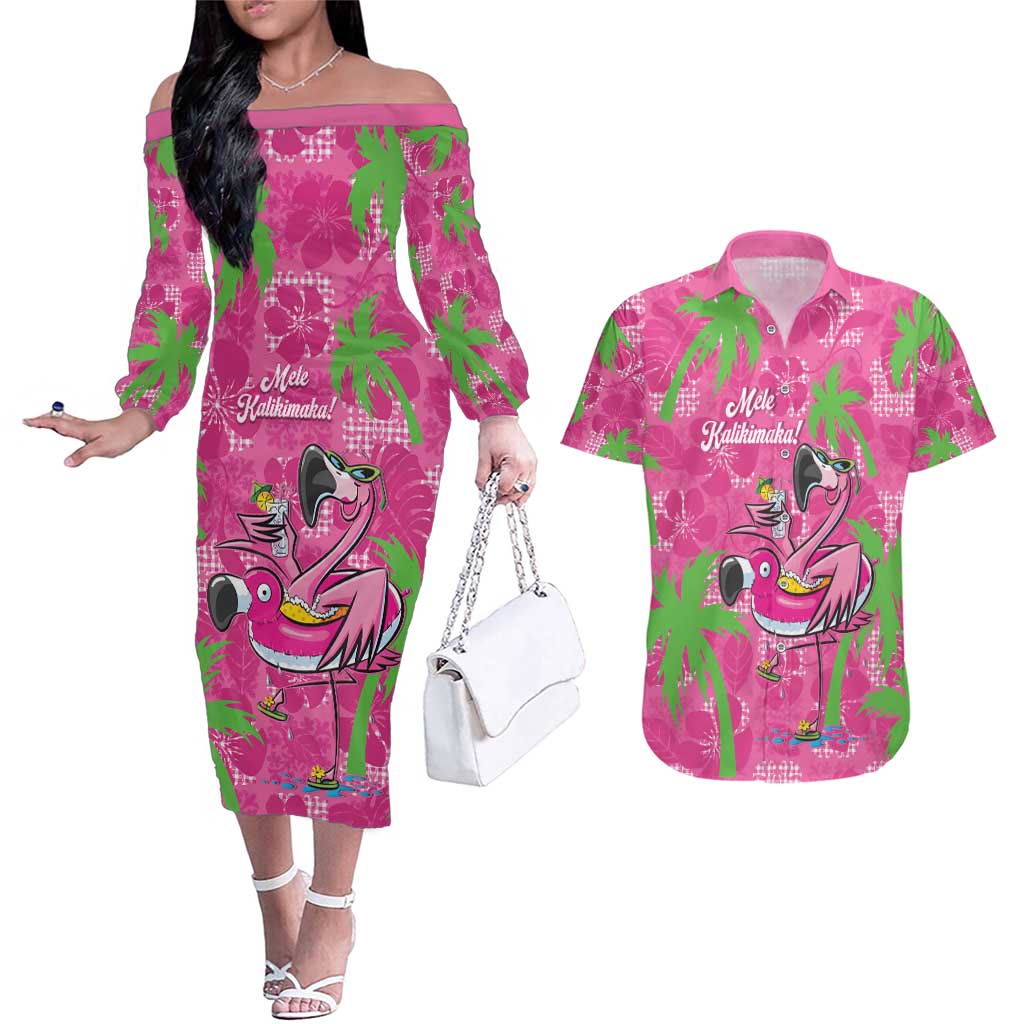 Aloha Hawaii Christmas Couples Matching Off The Shoulder Long Sleeve Dress and Hawaiian Shirt Mele Kalikimaka Chill Flamingo Palaka Quilt Motifs - Polynesian Pride