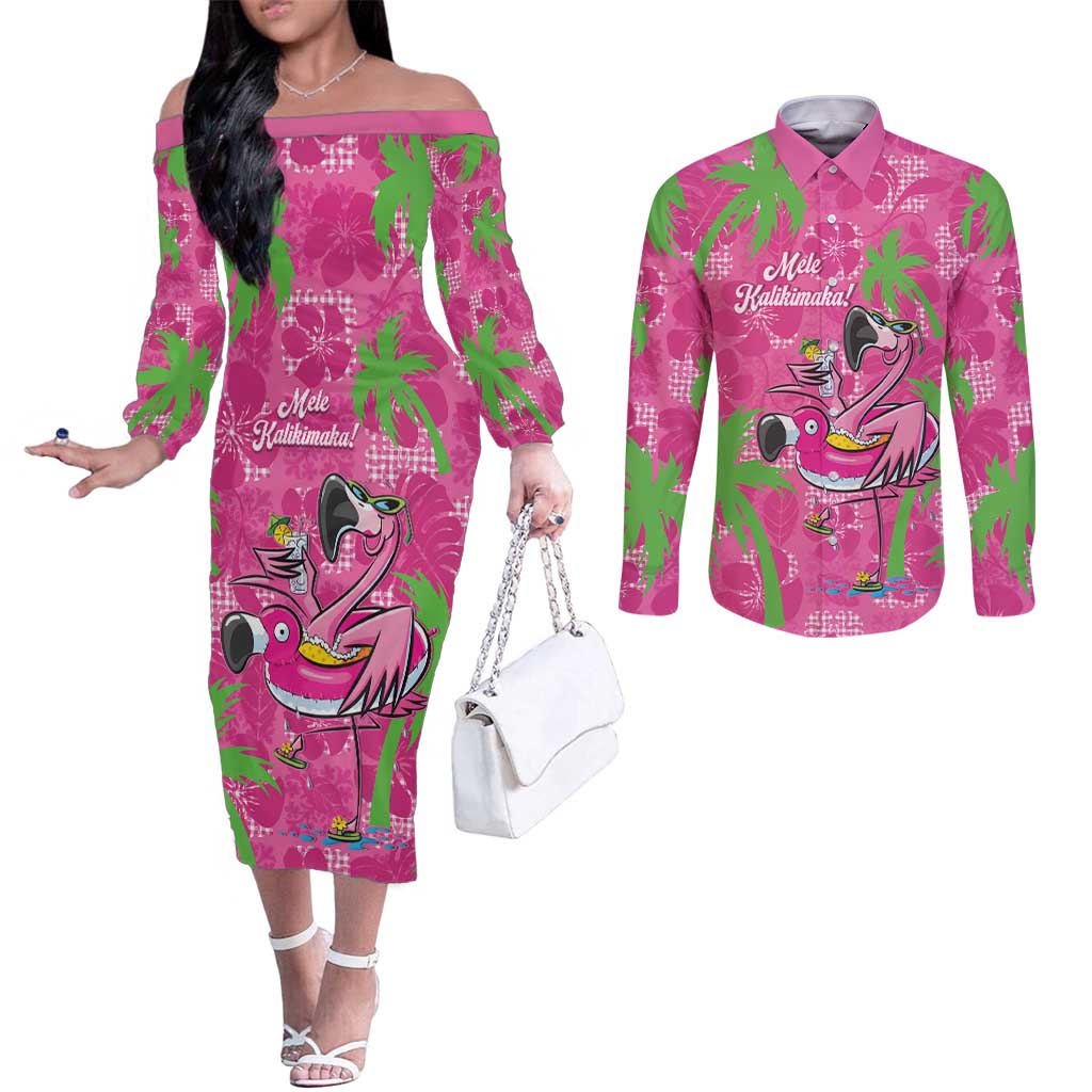Aloha Hawaii Christmas Couples Matching Off The Shoulder Long Sleeve Dress and Long Sleeve Button Shirt Mele Kalikimaka Chill Flamingo Palaka Quilt Motifs LT14 Pink - Polynesian Pride
