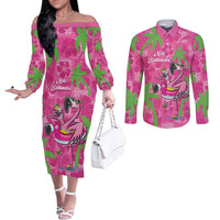 Aloha Hawaii Christmas Couples Matching Off The Shoulder Long Sleeve Dress and Long Sleeve Button Shirt Mele Kalikimaka Chill Flamingo Palaka Quilt Motifs LT14 Pink - Polynesian Pride