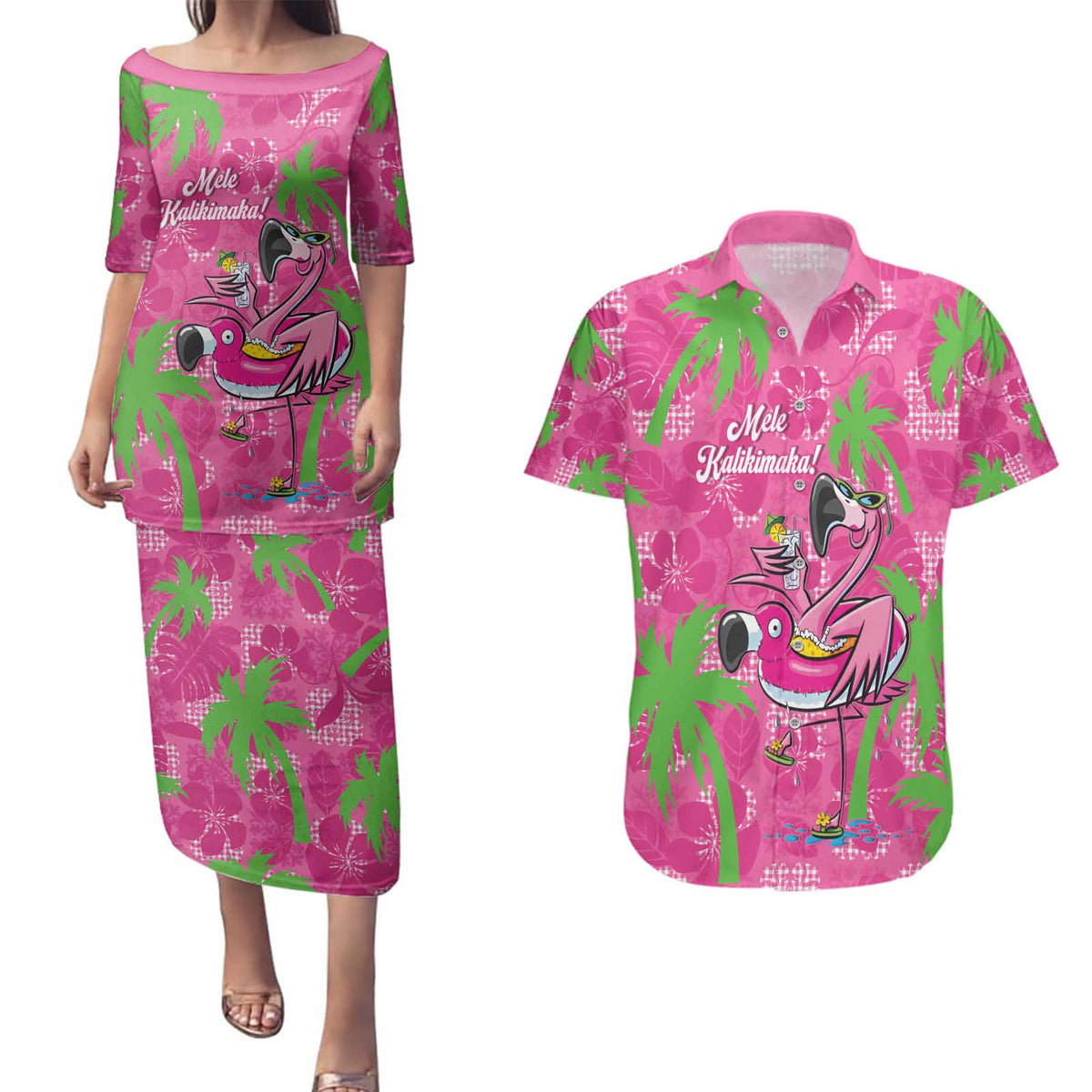 Aloha Hawaii Christmas Couples Matching Puletasi and Hawaiian Shirt Mele Kalikimaka Chill Flamingo Palaka Quilt Motifs LT14 Pink - Polynesian Pride