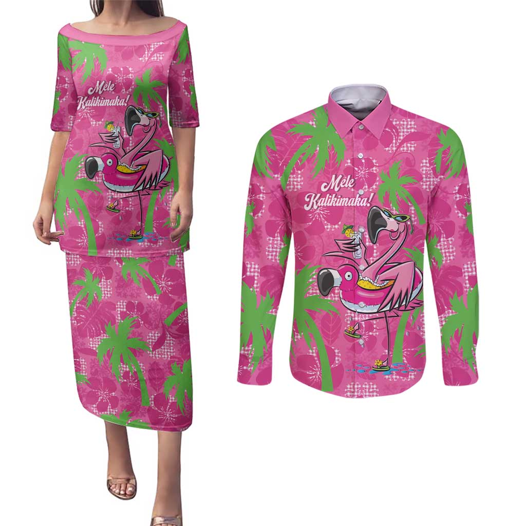 Aloha Hawaii Christmas Couples Matching Puletasi and Long Sleeve Button Shirt Mele Kalikimaka Chill Flamingo Palaka Quilt Motifs LT14 Pink - Polynesian Pride