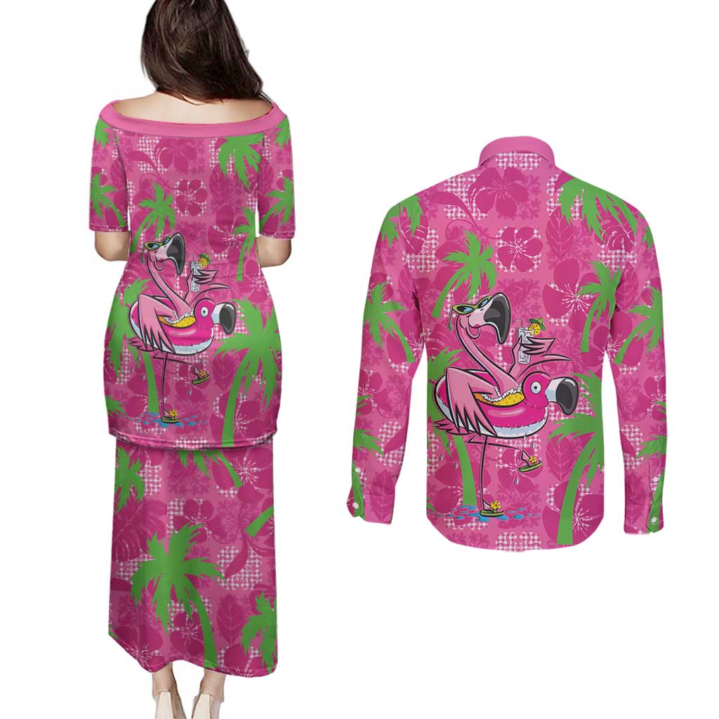 Aloha Hawaii Christmas Couples Matching Puletasi and Long Sleeve Button Shirt Mele Kalikimaka Chill Flamingo Palaka Quilt Motifs LT14 - Polynesian Pride