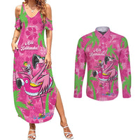 Aloha Hawaii Christmas Couples Matching Summer Maxi Dress and Long Sleeve Button Shirt Mele Kalikimaka Chill Flamingo Palaka Quilt Motifs LT14 Pink - Polynesian Pride