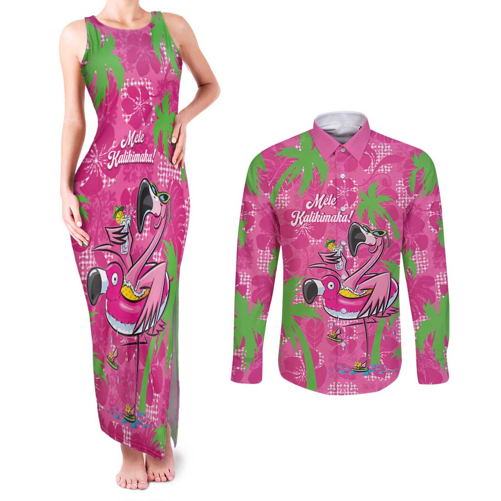 Aloha Hawaii Christmas Couples Matching Tank Maxi Dress and Long Sleeve Button Shirt Mele Kalikimaka Chill Flamingo Palaka Quilt Motifs LT14 Pink - Polynesian Pride