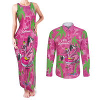 Aloha Hawaii Christmas Couples Matching Tank Maxi Dress and Long Sleeve Button Shirt Mele Kalikimaka Chill Flamingo Palaka Quilt Motifs LT14 Pink - Polynesian Pride
