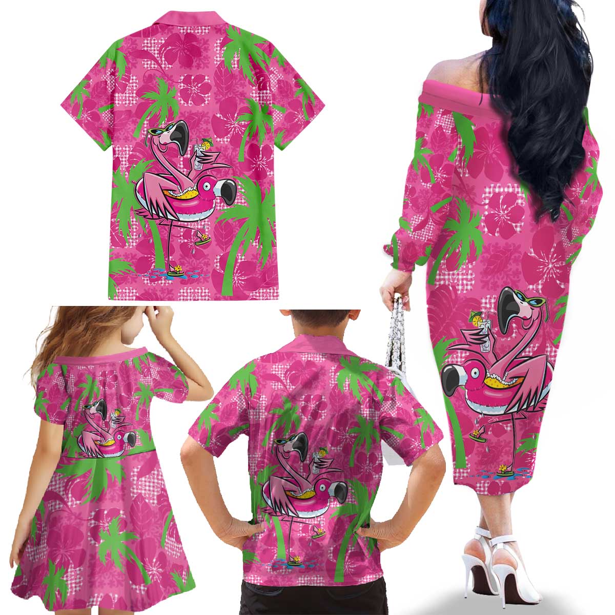 Aloha Hawaii Christmas Family Matching Off The Shoulder Long Sleeve Dress and Hawaiian Shirt Mele Kalikimaka Chill Flamingo Palaka Quilt Motifs LT14 - Polynesian Pride