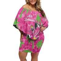 Aloha Hawaii Christmas Family Matching Off Shoulder Short Dress and Hawaiian Shirt Mele Kalikimaka Chill Flamingo Palaka Quilt Motifs LT14 Mom's Dress Pink - Polynesian Pride