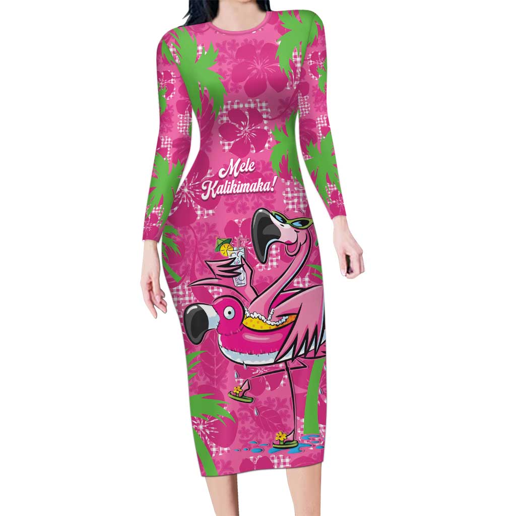 Aloha Hawaii Christmas Long Sleeve Bodycon Dress Mele Kalikimaka Chill Flamingo Palaka Quilt Motifs LT14 Long Dress Pink - Polynesian Pride