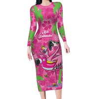 Aloha Hawaii Christmas Long Sleeve Bodycon Dress Mele Kalikimaka Chill Flamingo Palaka Quilt Motifs LT14 Long Dress Pink - Polynesian Pride