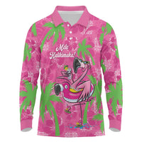 Aloha Hawaii Christmas Long Sleeve Polo Shirt Mele Kalikimaka Chill Flamingo Palaka Quilt Motifs LT14 Pink - Polynesian Pride