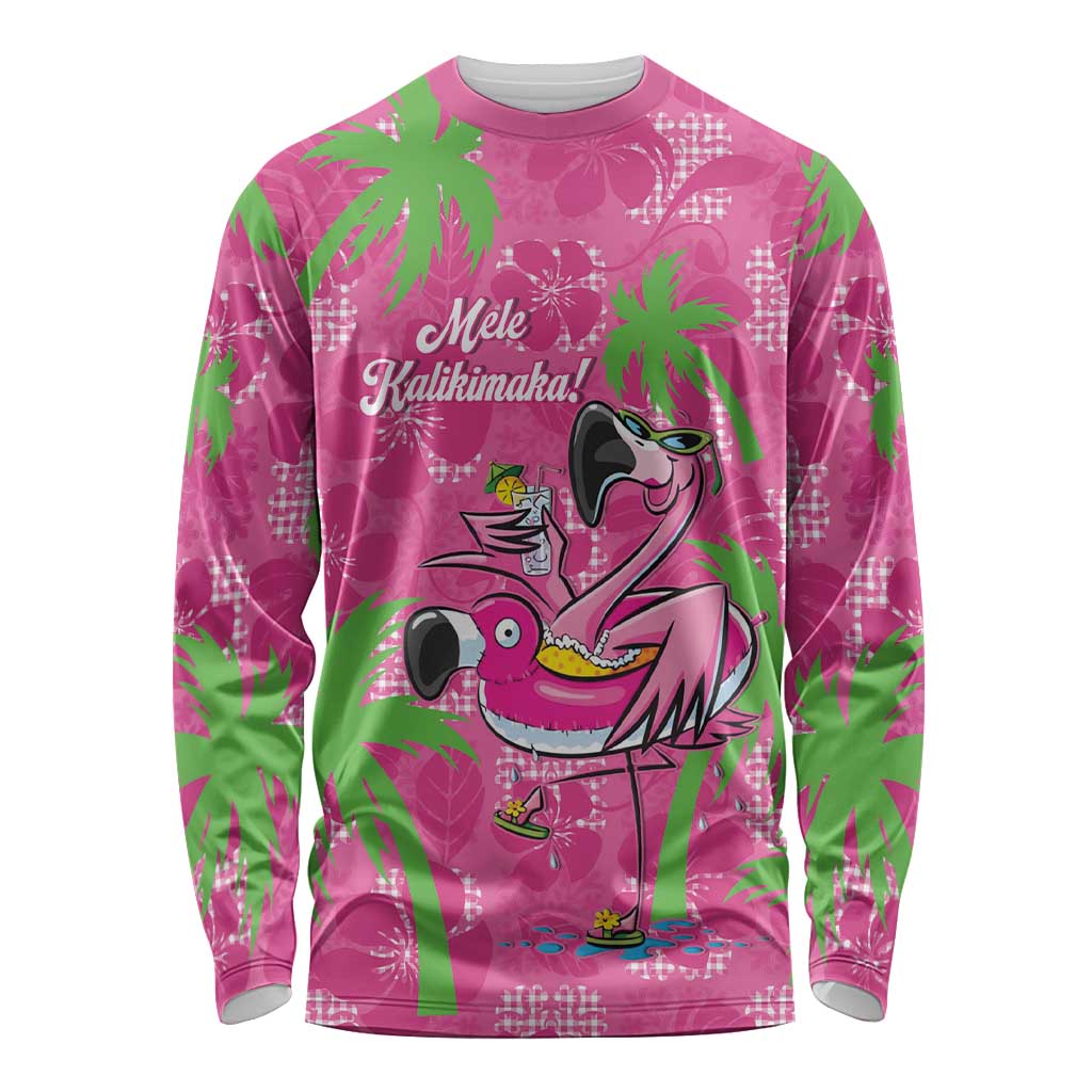 Aloha Hawaii Christmas Long Sleeve Shirt Mele Kalikimaka Chill Flamingo Palaka Quilt Motifs LT14 Unisex Pink - Polynesian Pride
