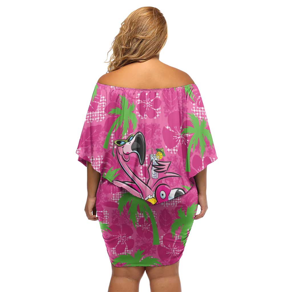 Aloha Hawaii Christmas Off Shoulder Short Dress Mele Kalikimaka Chill Flamingo Palaka Quilt Motifs LT14 - Polynesian Pride