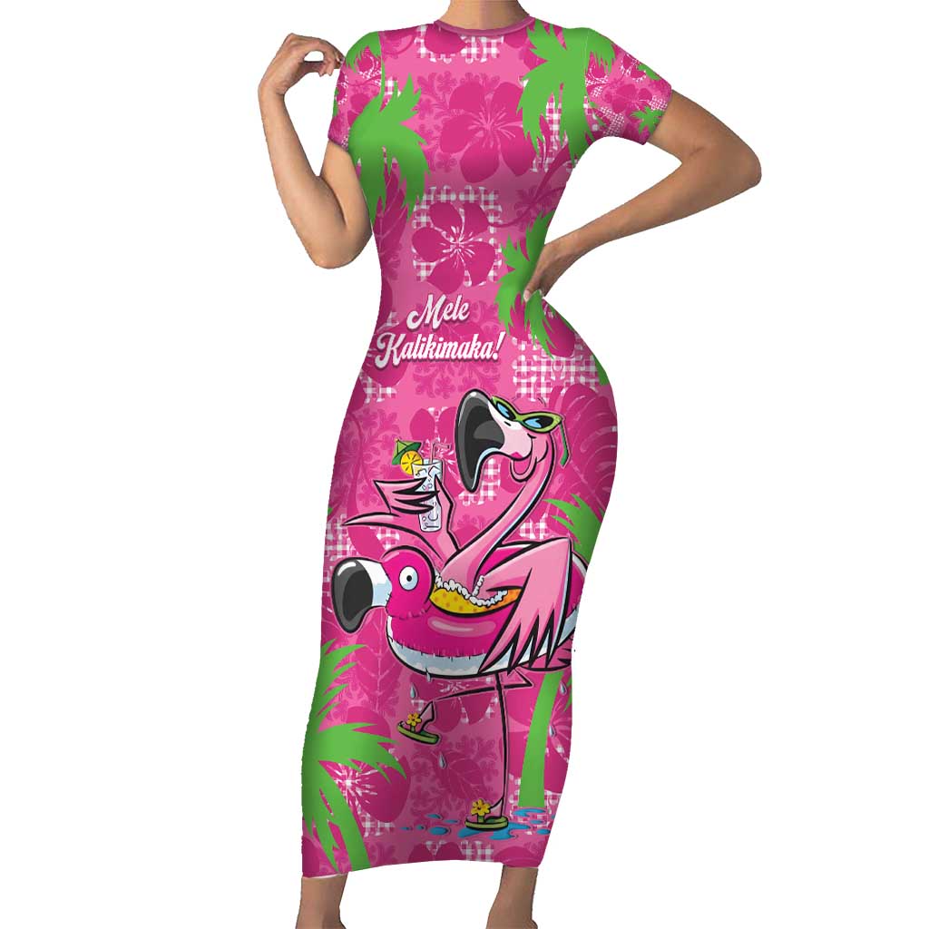 Aloha Hawaii Christmas Short Sleeve Bodycon Dress Mele Kalikimaka Chill Flamingo Palaka Quilt Motifs LT14 Long Dress Pink - Polynesian Pride
