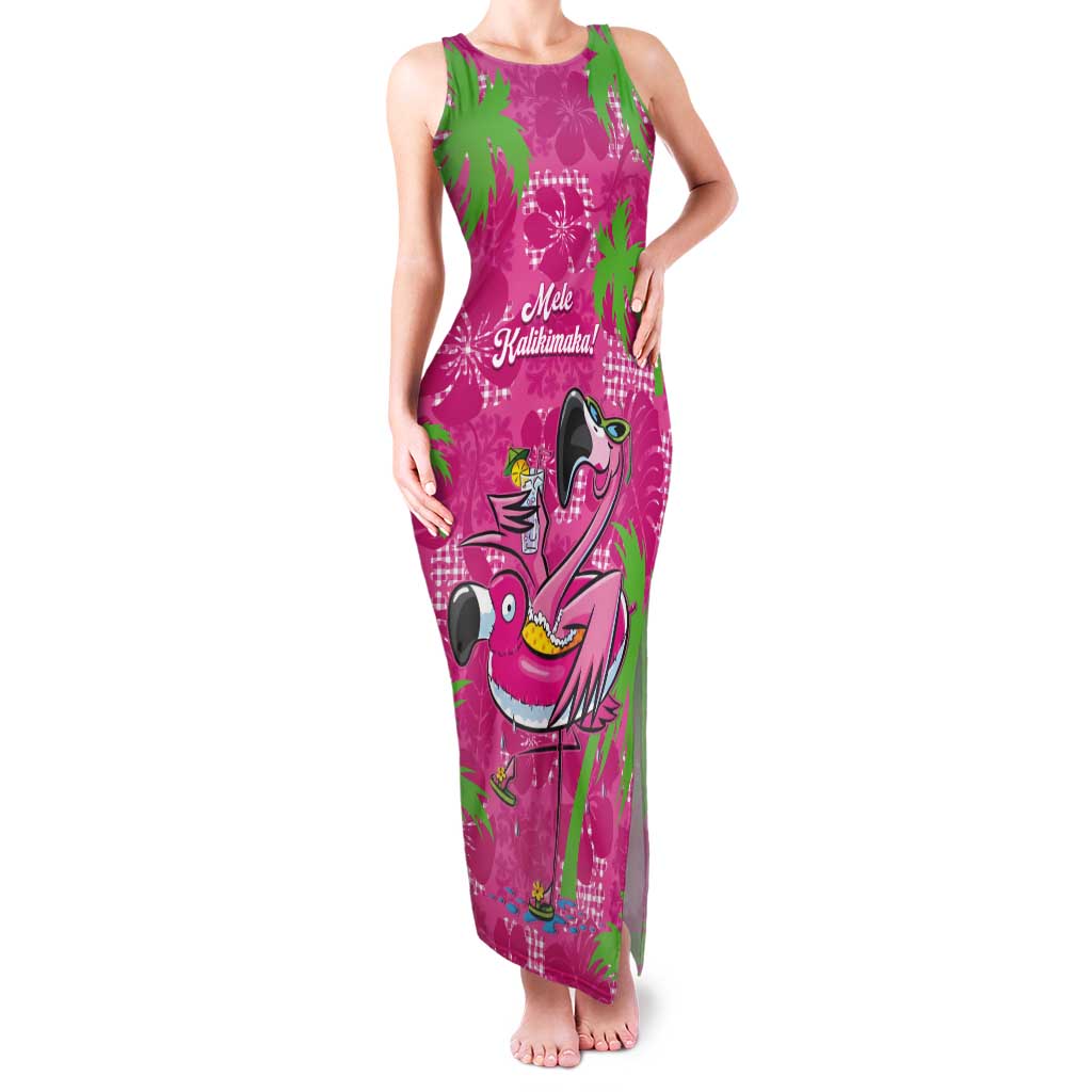 Aloha Hawaii Christmas Tank Maxi Dress Mele Kalikimaka Chill Flamingo Palaka Quilt Motifs LT14 Women Pink - Polynesian Pride