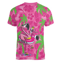 Aloha Hawaii Christmas Women V-Neck T-Shirt Mele Kalikimaka Chill Flamingo Palaka Quilt Motifs LT14 - Polynesian Pride