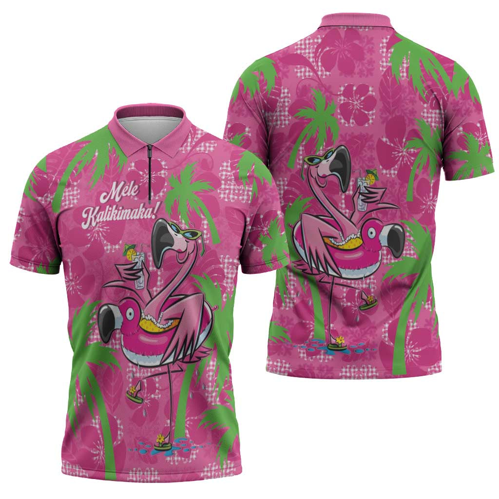 Aloha Hawaii Christmas Zipper Polo Shirt Mele Kalikimaka Chill Flamingo Palaka Quilt Motifs LT14 - Polynesian Pride