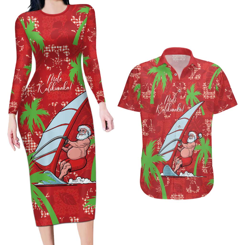 Aloha Hawaii Christmas Couples Matching Long Sleeve Bodycon Dress and Hawaiian Shirt Mele Kalikimaka Windsurfing Santa Palaka Quilt Motifs LT14 Red - Polynesian Pride