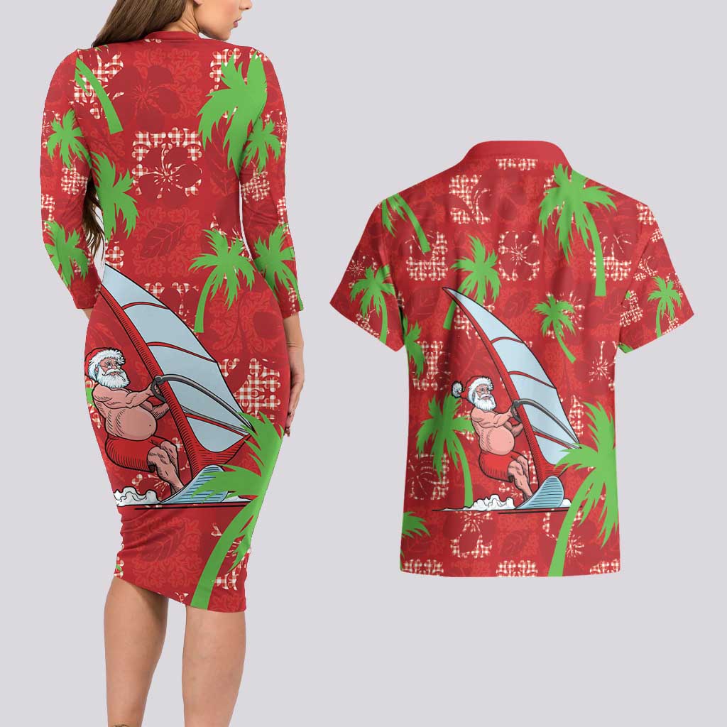 Aloha Hawaii Christmas Couples Matching Long Sleeve Bodycon Dress and Hawaiian Shirt Mele Kalikimaka Windsurfing Santa Palaka Quilt Motifs LT14 - Polynesian Pride