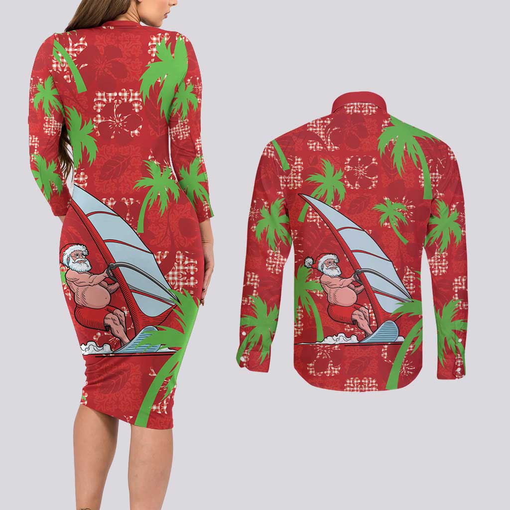 Aloha Hawaii Christmas Couples Matching Long Sleeve Bodycon Dress and Long Sleeve Button Shirt Mele Kalikimaka Windsurfing Santa Palaka Quilt Motifs LT14 - Polynesian Pride