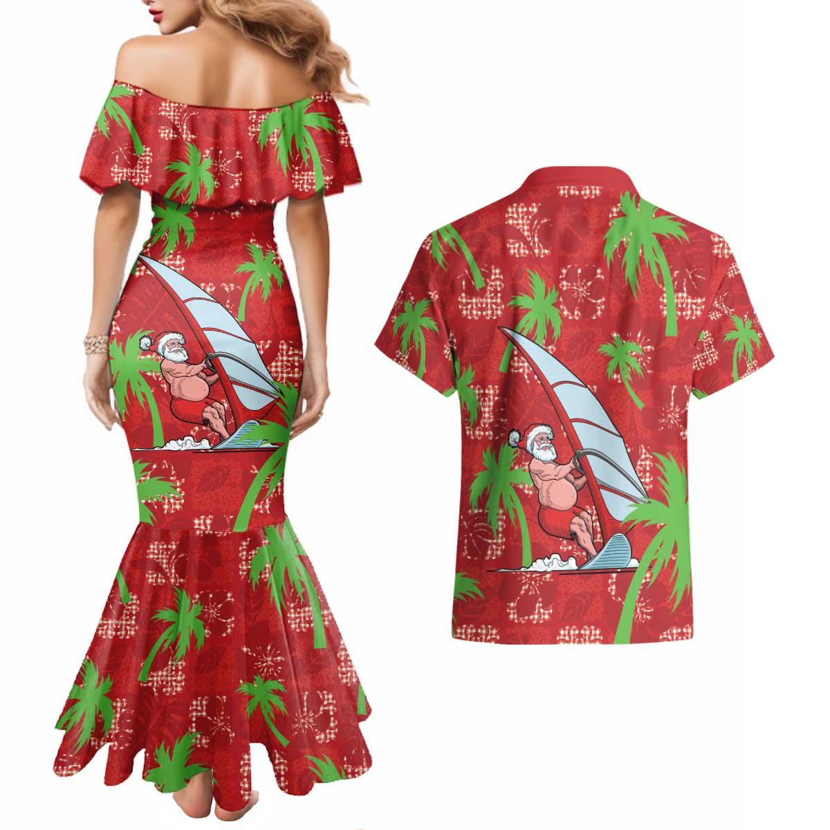 Aloha Hawaii Christmas Couples Matching Mermaid Dress and Hawaiian Shirt Mele Kalikimaka Windsurfing Santa Palaka Quilt Motifs LT14 - Polynesian Pride