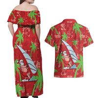 Aloha Hawaii Christmas Couples Matching Off Shoulder Maxi Dress and Hawaiian Shirt Mele Kalikimaka Windsurfing Santa Palaka Quilt Motifs LT14 - Polynesian Pride
