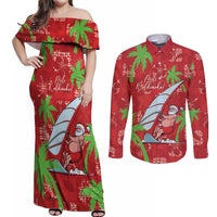Aloha Hawaii Christmas Couples Matching Off Shoulder Maxi Dress and Long Sleeve Button Shirt Mele Kalikimaka Windsurfing Santa Palaka Quilt Motifs LT14 Red - Polynesian Pride