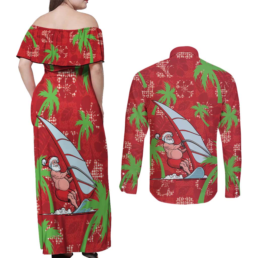 Aloha Hawaii Christmas Couples Matching Off Shoulder Maxi Dress and Long Sleeve Button Shirt Mele Kalikimaka Windsurfing Santa Palaka Quilt Motifs LT14 - Polynesian Pride