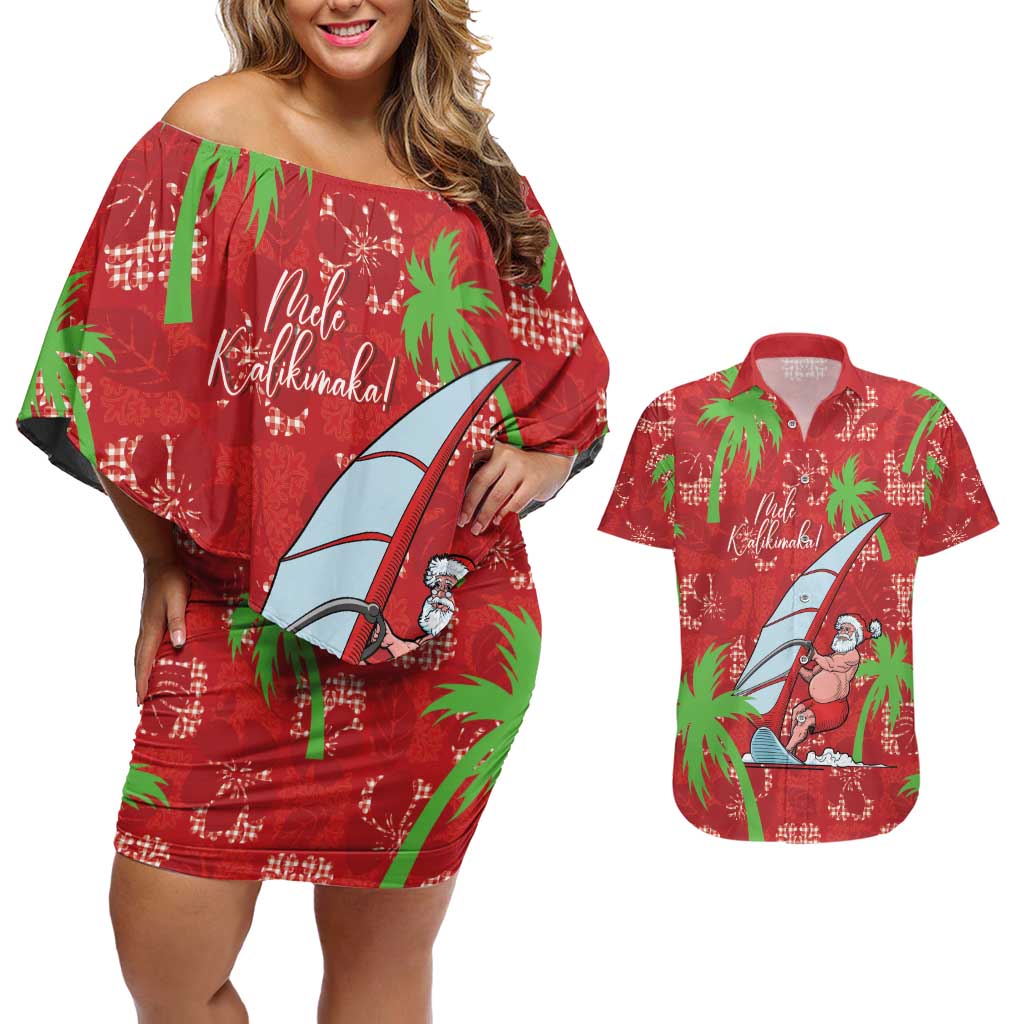 Aloha Hawaii Christmas Couples Matching Off Shoulder Short Dress and Hawaiian Shirt Mele Kalikimaka Windsurfing Santa Palaka Quilt Motifs LT14 Red - Polynesian Pride