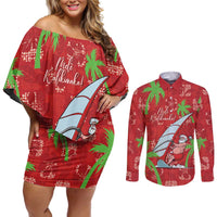 Aloha Hawaii Christmas Couples Matching Off Shoulder Short Dress and Long Sleeve Button Shirt Mele Kalikimaka Windsurfing Santa Palaka Quilt Motifs LT14 Red - Polynesian Pride
