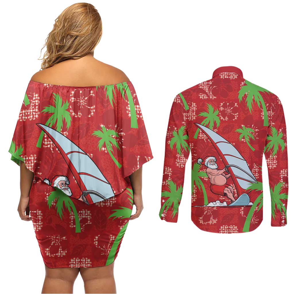 Aloha Hawaii Christmas Couples Matching Off Shoulder Short Dress and Long Sleeve Button Shirt Mele Kalikimaka Windsurfing Santa Palaka Quilt Motifs LT14 - Polynesian Pride
