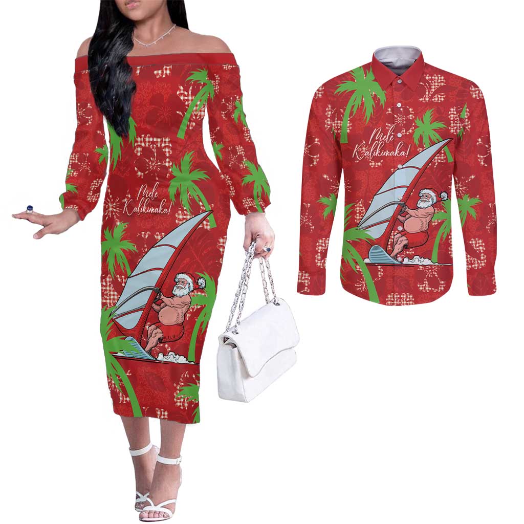 Aloha Hawaii Christmas Couples Matching Off The Shoulder Long Sleeve Dress and Long Sleeve Button Shirt Mele Kalikimaka Windsurfing Santa Palaka Quilt Motifs LT14 Red - Polynesian Pride