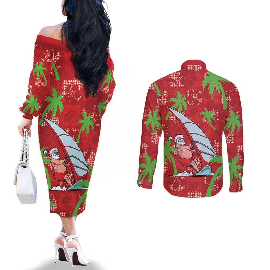 Aloha Hawaii Christmas Couples Matching Off The Shoulder Long Sleeve Dress and Long Sleeve Button Shirt Mele Kalikimaka Windsurfing Santa Palaka Quilt Motifs LT14 - Polynesian Pride