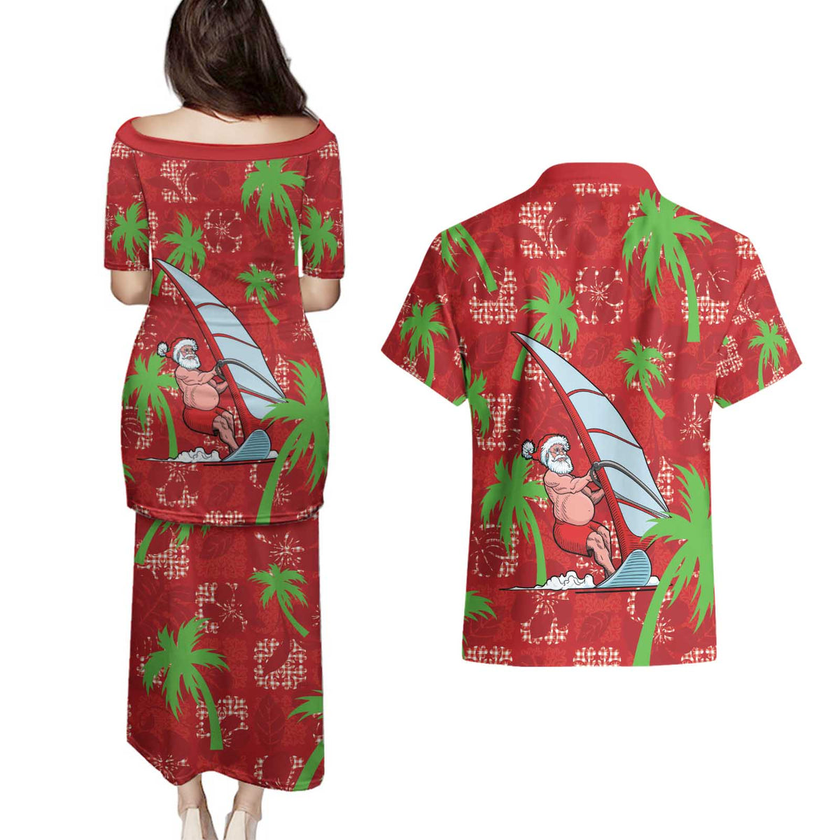 Aloha Hawaii Christmas Couples Matching Puletasi and Hawaiian Shirt Mele Kalikimaka Windsurfing Santa Palaka Quilt Motifs LT14 - Polynesian Pride