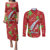 Aloha Hawaii Christmas Couples Matching Puletasi and Long Sleeve Button Shirt Mele Kalikimaka Windsurfing Santa Palaka Quilt Motifs LT14 Red - Polynesian Pride