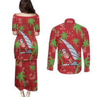 Aloha Hawaii Christmas Couples Matching Puletasi and Long Sleeve Button Shirt Mele Kalikimaka Windsurfing Santa Palaka Quilt Motifs LT14 - Polynesian Pride