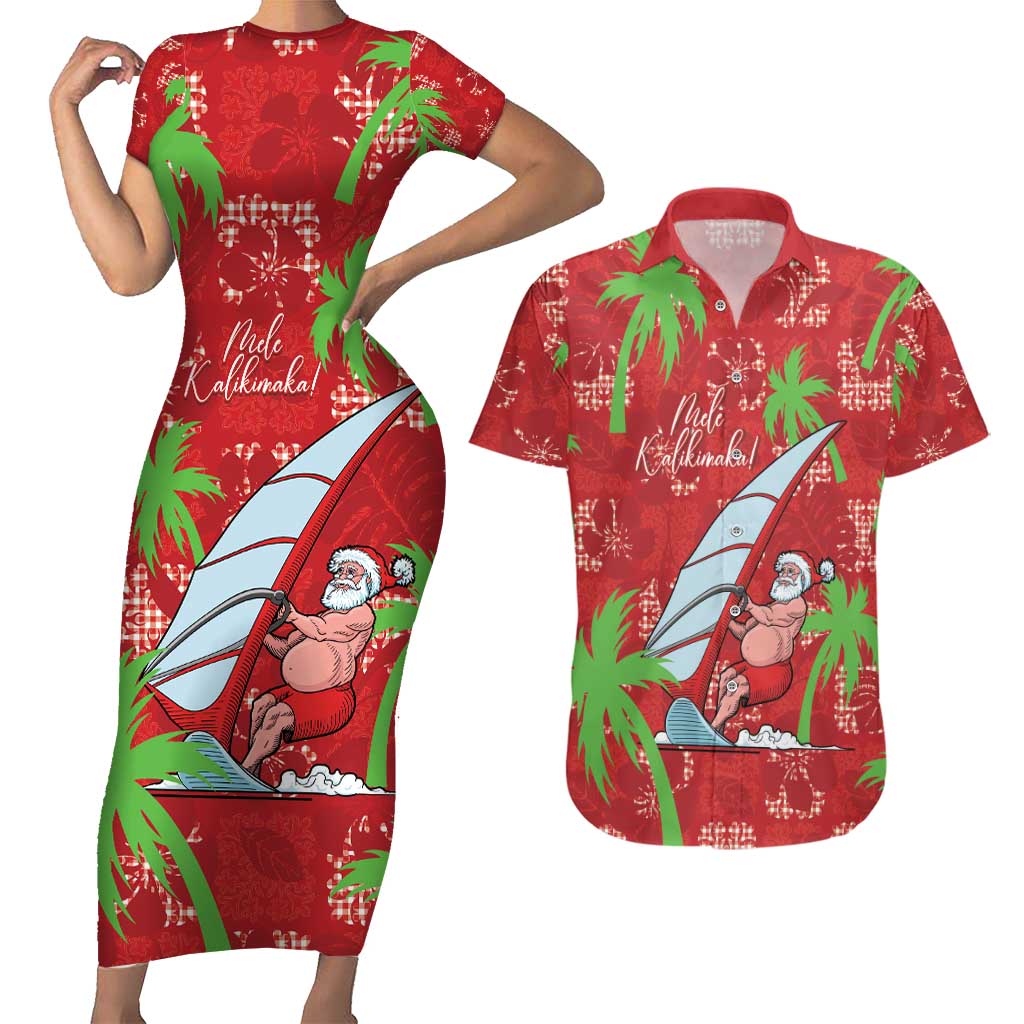Aloha Hawaii Christmas Couples Matching Short Sleeve Bodycon Dress and Hawaiian Shirt Mele Kalikimaka Windsurfing Santa Palaka Quilt Motifs LT14 Red - Polynesian Pride
