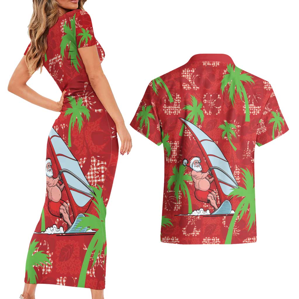Aloha Hawaii Christmas Couples Matching Short Sleeve Bodycon Dress and Hawaiian Shirt Mele Kalikimaka Windsurfing Santa Palaka Quilt Motifs LT14 - Polynesian Pride