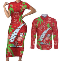 Aloha Hawaii Christmas Couples Matching Short Sleeve Bodycon Dress and Long Sleeve Button Shirt Mele Kalikimaka Windsurfing Santa Palaka Quilt Motifs LT14 Red - Polynesian Pride
