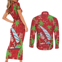 Aloha Hawaii Christmas Couples Matching Short Sleeve Bodycon Dress and Long Sleeve Button Shirt Mele Kalikimaka Windsurfing Santa Palaka Quilt Motifs LT14 - Polynesian Pride